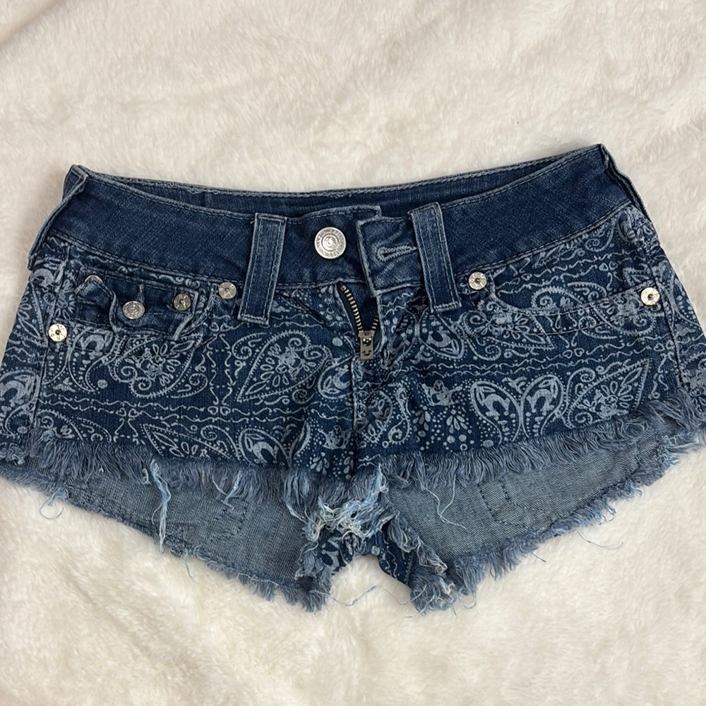 True Religion Blue Paisley Jean Shorts